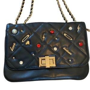 Aldo FAREREVER Chain Black Quilted Crossbody Bag with Fun Embellishments NWT